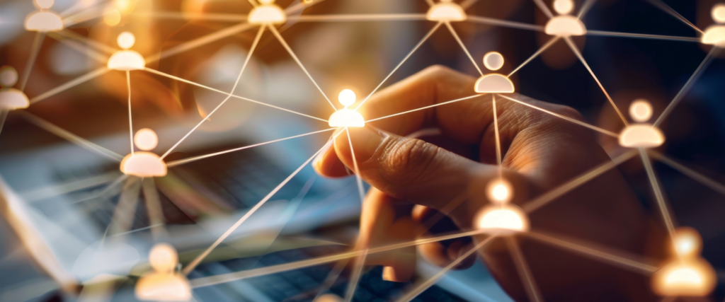 Abstract network of icons representing people connected by lines, symbolising business relationships.